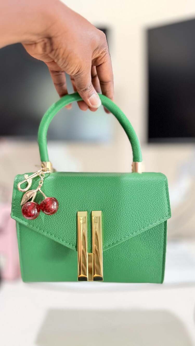 Green Top-Handle Structured Mini Bag with Gold Hardware and Cherry Charm
